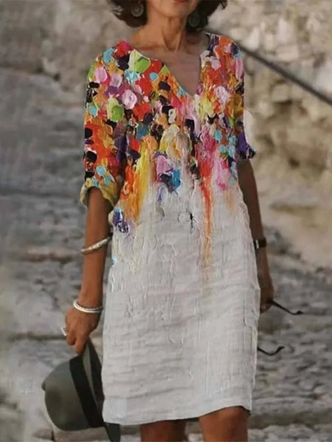 Alisha Robe femme en coton et lin avec encolure et imprime peinture a l huile